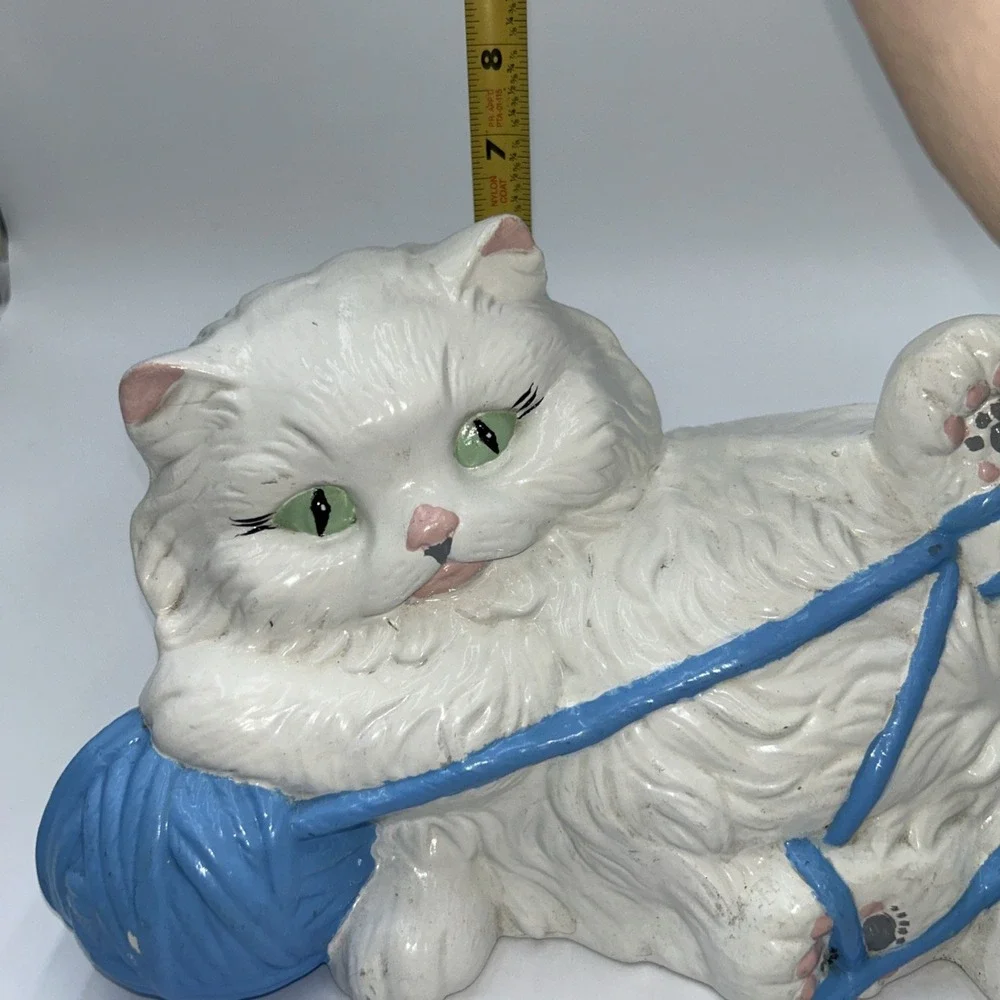 Vintage White Persian Ceramic Cat Statue Kitty Figurine Green Eyes, Playing Yarn